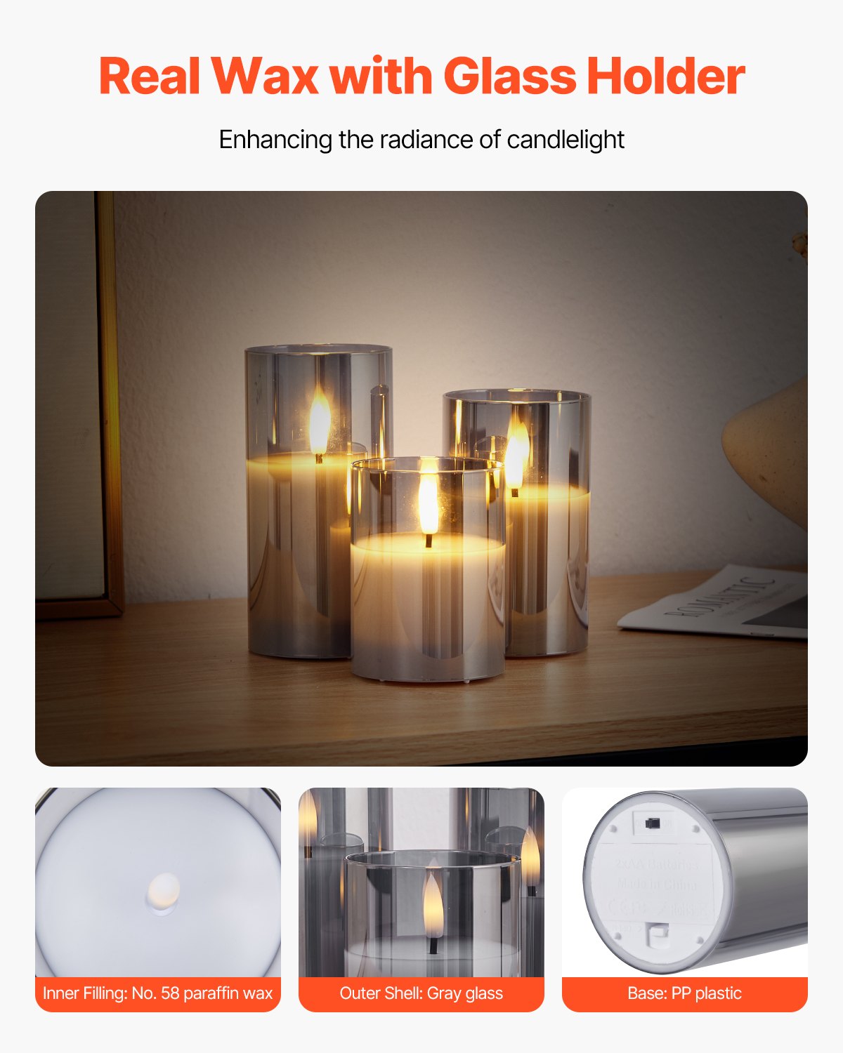 3-Piece Flameless LED Candle Set with Glass Holders & Remote